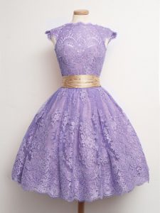 Trendy Lavender Ball Gowns Belt Quinceanera Court Dresses Lace Up Lace Cap Sleeves Knee Length