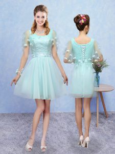 Unique Aqua Blue Sleeveless Tulle Lace Up Vestidos de Damas for Prom and Party