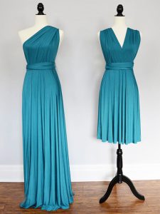 Vintage Teal Empire Ruching Dama Dress for Quinceanera Lace Up Chiffon Sleeveless Floor Length
