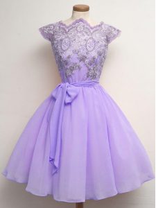 Extravagant Lavender A-line Scalloped Cap Sleeves Chiffon Knee Length Lace Up Lace and Belt Quinceanera Court of Honor Dress