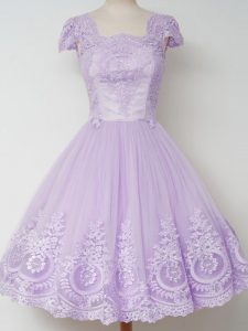 Lavender A-line Lace Dama Dress for Quinceanera Zipper Tulle Cap Sleeves Knee Length