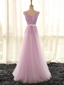 Edgy Lilac V-neck Neckline Appliques Dama Dress for Quinceanera Sleeveless Lace Up