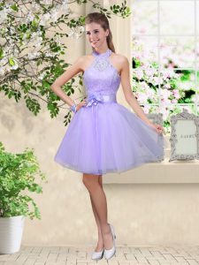 Delicate Lilac A-line Halter Top Sleeveless Tulle Knee Length Lace Up Lace and Belt Quinceanera Court of Honor Dress