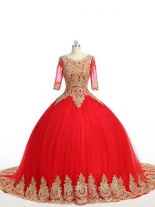 Artistic Red Ball Gowns Scoop Half Sleeves Tulle Brush Train Zipper Lace and Appliques Quinceanera Gown