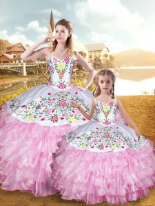 Hot Sale Rose Pink Lace Up Sweetheart Embroidery and Ruffled Layers Quinceanera Dresses Organza and Taffeta Sleeveless
