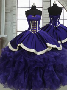 Affordable Sweetheart Sleeveless Ball Gown Prom Dress Floor Length Ruffles Purple Organza