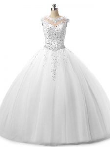 Free and Easy Sleeveless Tulle Floor Length Lace Up 15th Birthday Dress in White with Beading and Lace