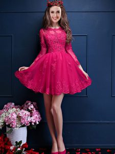 Hot Pink Chiffon Lace Up Dama Dress for Quinceanera 3 4 Length Sleeve Mini Length Beading and Lace and Appliques