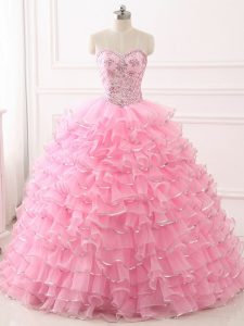 Baby Pink Sleeveless Organza Sweep Train Lace Up Quinceanera Dresses for Military Ball and Sweet 16 and Quinceanera