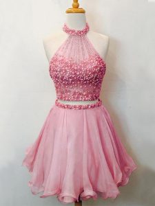 Sexy Knee Length Lace Up Dama Dress for Quinceanera Pink for Prom and Party and Wedding Party with Beading