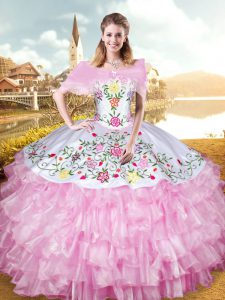 Sexy Rose Pink Sweetheart Neckline Embroidery and Ruffled Layers Quinceanera Gowns Sleeveless Lace Up