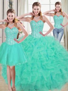 Romantic Turquoise Sweet 16 Dresses Prom and Party and Military Ball and Sweet 16 and Quinceanera with Beading and Ruffled Layers Sweetheart Sleeveless Brush Train Lace Up