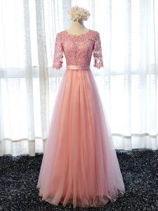 Empire Quinceanera Dama Dress Pink Scoop Tulle Half Sleeves Floor Length Lace Up