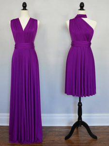 Stunning Purple Chiffon Lace Up Halter Top Sleeveless Floor Length Vestidos de Damas Beading and Ruching