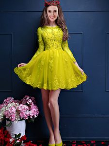 Yellow Chiffon Lace Up Scalloped 3 4 Length Sleeve Mini Length Dama Dress Beading and Lace and Appliques
