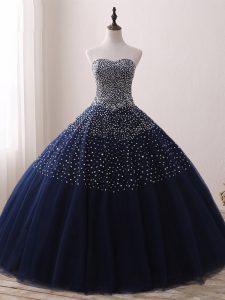 Tulle Sweetheart Sleeveless Lace Up Beading Quinceanera Gowns in Navy Blue