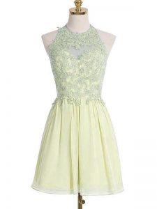 Light Yellow Halter Top Neckline Appliques Dama Dress for Quinceanera Sleeveless Lace Up