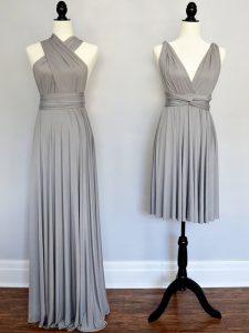 Grey Empire Ruching Vestidos de Damas Lace Up Chiffon Sleeveless Floor Length