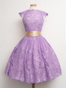 Beauteous Lavender Ball Gowns Lace High-neck Cap Sleeves Belt Knee Length Lace Up Quinceanera Court of Honor Dress