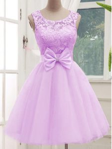 Lilac A-line Scoop Sleeveless Tulle Knee Length Lace Up Lace and Bowknot Dama Dress