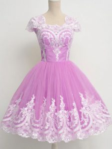 Custom Designed Lilac A-line Tulle Square Cap Sleeves Lace Knee Length Zipper Court Dresses for Sweet 16