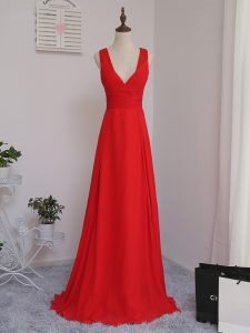 Stunning Red Zipper Quinceanera Court of Honor Dress Ruching Sleeveless Floor Length