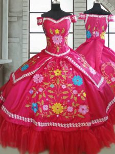 Luxury Hot Pink Lace Up Quince Ball Gowns Beading and Embroidery Short Sleeves Floor Length