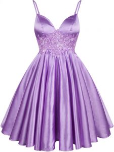 A-line Quinceanera Dama Dress Lilac Spaghetti Straps Elastic Woven Satin Sleeveless Knee Length Lace Up