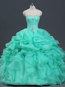 Adorable Apple Green Ball Gowns Organza Sweetheart Sleeveless Beading and Ruffles and Pick Ups Floor Length Lace Up Quinceanera Dress