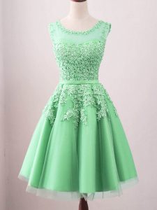 High End Knee Length Green Quinceanera Dama Dress Scoop Sleeveless Lace Up