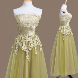 Strapless Sleeveless Lace Up Dama Dress for Quinceanera Olive Green Tulle