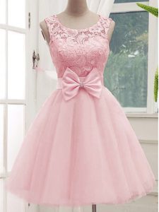 Scoop Sleeveless Quinceanera Court of Honor Dress Knee Length Lace and Bowknot Baby Pink Tulle