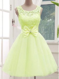 Yellow Green A-line Tulle Scoop Sleeveless Lace and Bowknot Knee Length Lace Up Dama Dress for Quinceanera