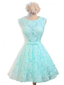 Amazing A-line Quinceanera Court of Honor Dress Aqua Blue Scoop Lace Sleeveless Knee Length Lace Up