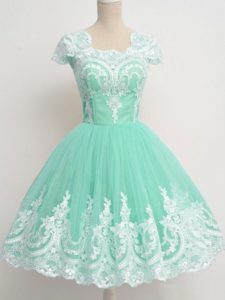 Apple Green Cap Sleeves Lace Knee Length Quinceanera Court of Honor Dress