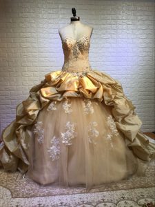 Hot Selling Gold Sleeveless Beading and Appliques and Pick Ups Lace Up Quinceanera Dress