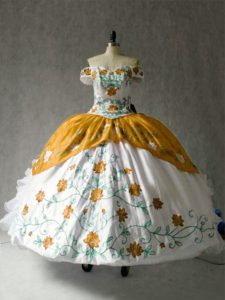 Multi-color Off The Shoulder Neckline Embroidery and Ruffles Quinceanera Gown Cap Sleeves Lace Up
