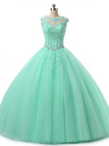 Deluxe Sleeveless Tulle Floor Length Lace Up 15th Birthday Dress in Apple Green with Beading and Lace
