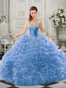 Elegant Sleeveless Organza Court Train Lace Up Quinceanera Gowns in Light Blue with Beading and Ruffles