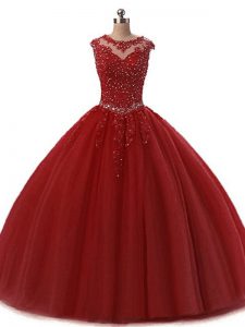 Elegant Floor Length Lace Up Ball Gown Prom Dress Burgundy for Military Ball and Sweet 16 and Quinceanera with Beading and Lace