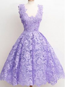 Sleeveless Knee Length Lace Zipper Dama Dress for Quinceanera with Lavender