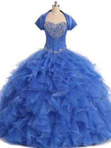 Blue Ball Gowns Strapless Sleeveless Organza Floor Length Lace Up Beading and Ruffles Vestidos de Quinceanera
