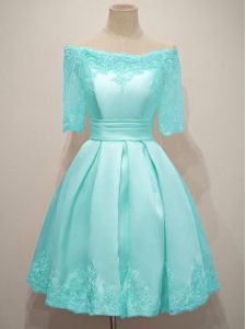 Aqua Blue Vestidos de Damas Prom and Party and Wedding Party with Lace Off The Shoulder Half Sleeves Lace Up