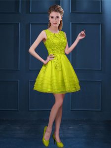 Yellow Green Sleeveless Lace and Ruffled Layers Knee Length Dama Dress for Quinceanera
