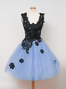 Knee Length Light Blue Quinceanera Court Dresses Tulle Sleeveless Lace
