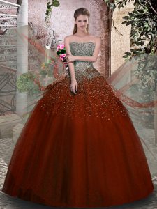 Exquisite Rust Red Ball Gowns Beading Vestidos de Quinceanera Lace Up Tulle Sleeveless Floor Length