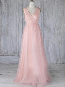 Most Popular Floor Length Empire Sleeveless Baby Pink Quinceanera Dama Dress Zipper