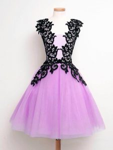 Shining Lilac Sleeveless Tulle Lace Up Dama Dress for Prom and Party and Wedding Party