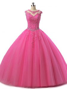 Hot Pink Scoop Neckline Beading and Lace 15th Birthday Dress Sleeveless Lace Up