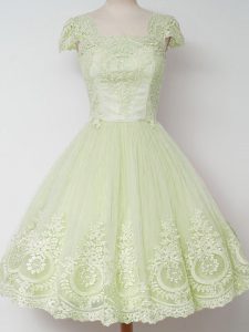 Latest Yellow Green Tulle Zipper Square Cap Sleeves Knee Length Dama Dress for Quinceanera Lace